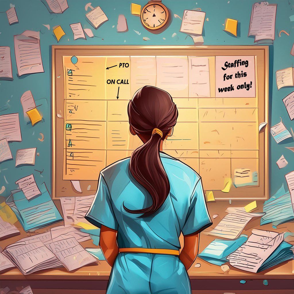 care staff member looking at the staffing board at a senior living facility