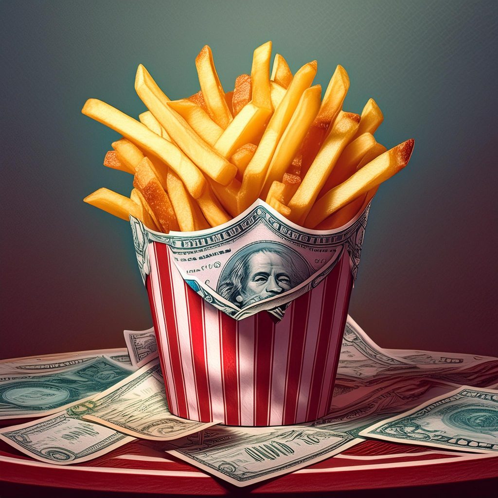 fast food franchise french fry carton with dollar bills