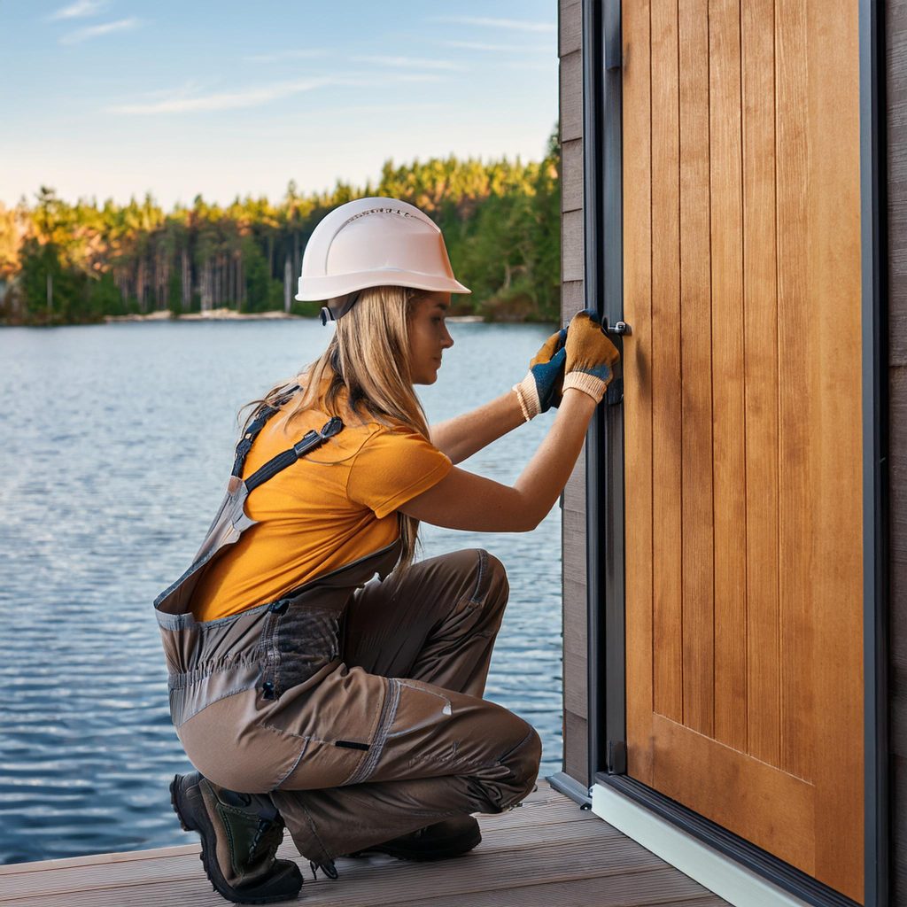 worker installing windows and doors on a lake house