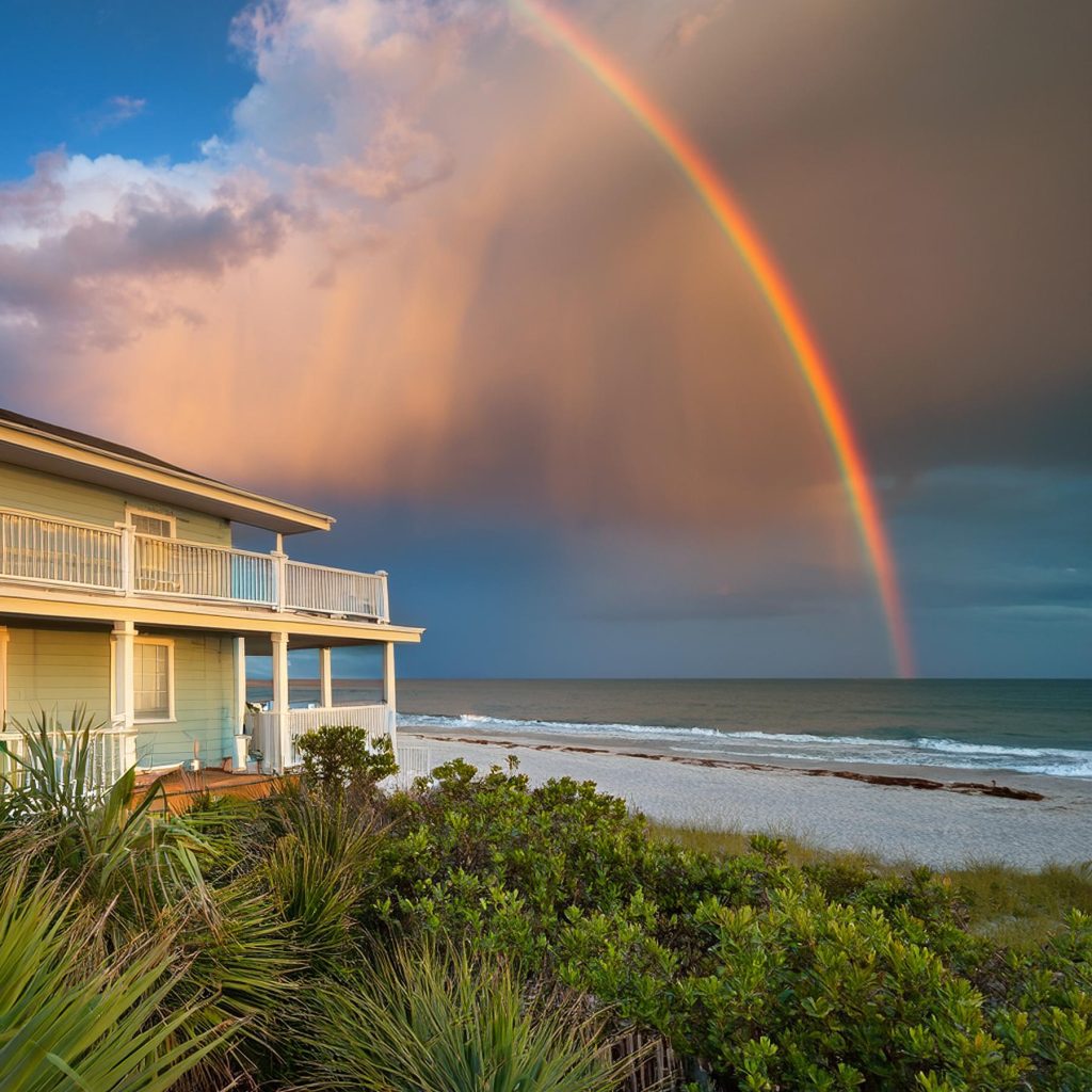 Florida beach house with a rainbow and storm clouds over the ocean